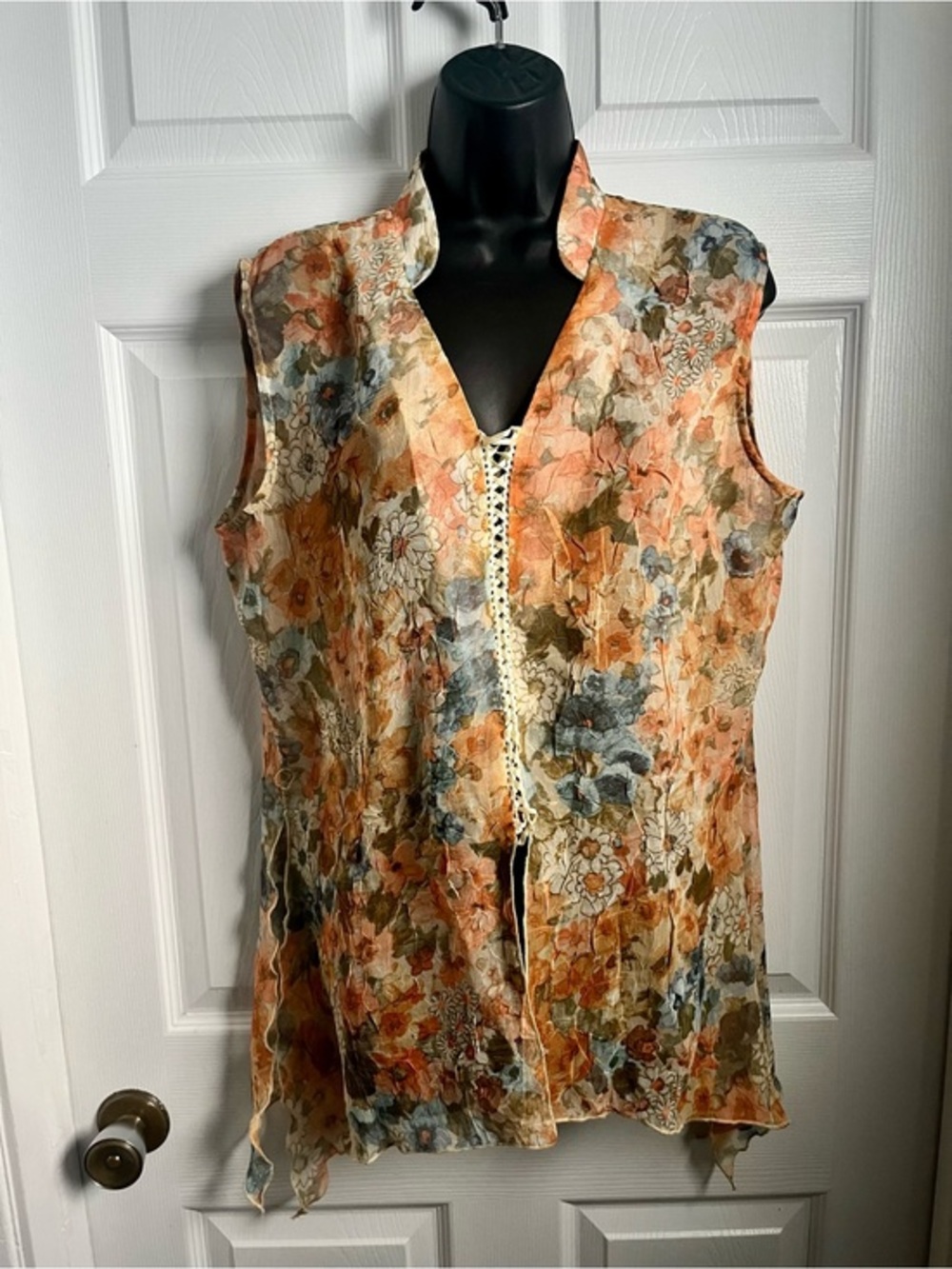 Marie Claire Blouse Top Tank Floral Boho XL V-Neck Belt Sleeveless Women  orange